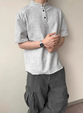 灰色解构亨利领短袖polo衫男装夏季美式正肩t恤显瘦重磅半袖上衣