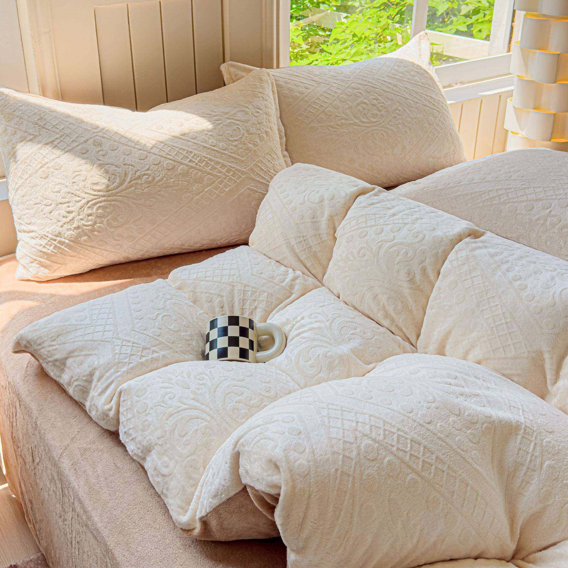 1688海门市耀悦床上用品厂ins侘寂风牛奶绒四件套a类华夫格床单被