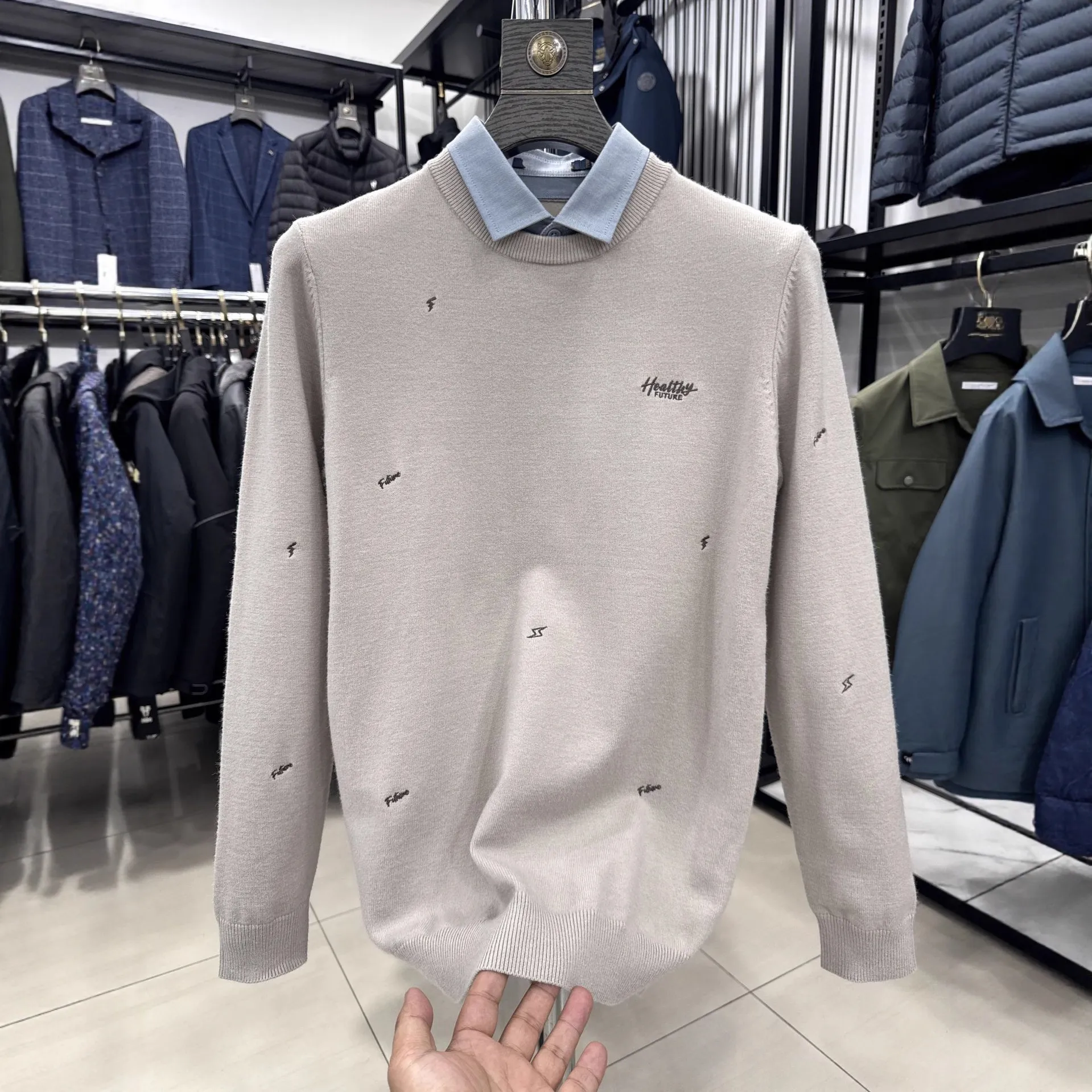 【海家】重工刺绣！软糯亲肤假两件针织衫秋季男衬衫领毛衣3Y053A