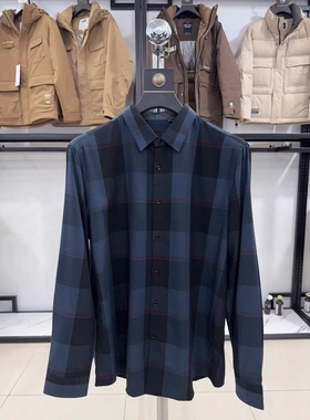 【雅家】休闲风格子衬衫男长袖修身百搭透气衬衣蓝色格子男CC008