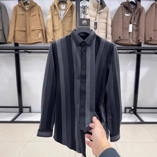 【豆家】厚磨毛绒！秋冬内搭条纹长袖衬衫男休闲翻领纽扣衬衣769