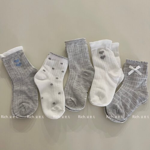 韩系儿童袜子春夏薄款透气网眼女童花边公主袜灰色系百搭中筒袜