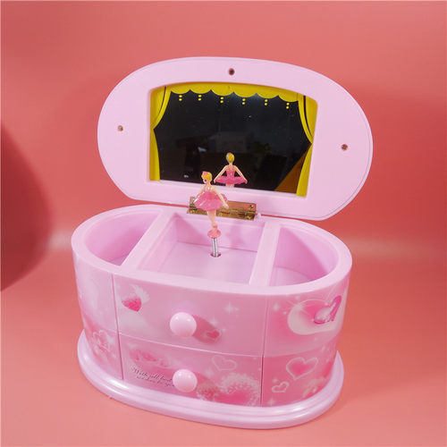 粉色化妆镜音乐盒带抽屉首饰收纳上链八音盒情人节礼物女孩音乐盒
