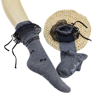 日单尾货灰色蝴蝶结百搭学院风及膝蕾丝花边长袜子女堆堆