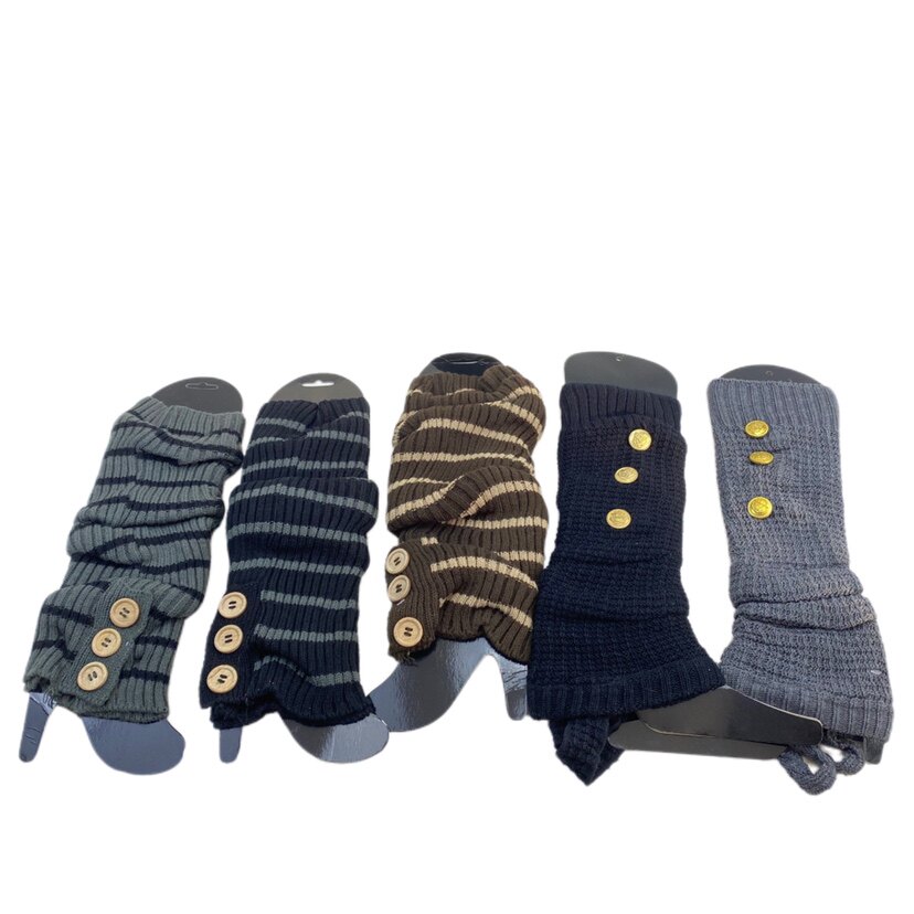 春季新款条纹针织纯色系带纽扣堆堆款护膝袜套腿套女士