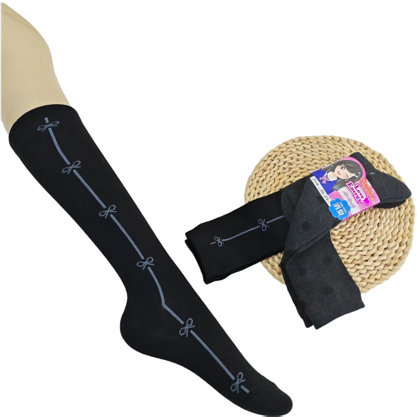 日系蝴蝶结波点长筒袜