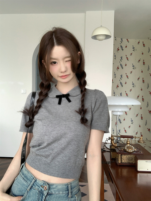 suseyiku 夏季韩版娃娃领减龄蝴蝶结设计感安迪绒短袖针织上衣女