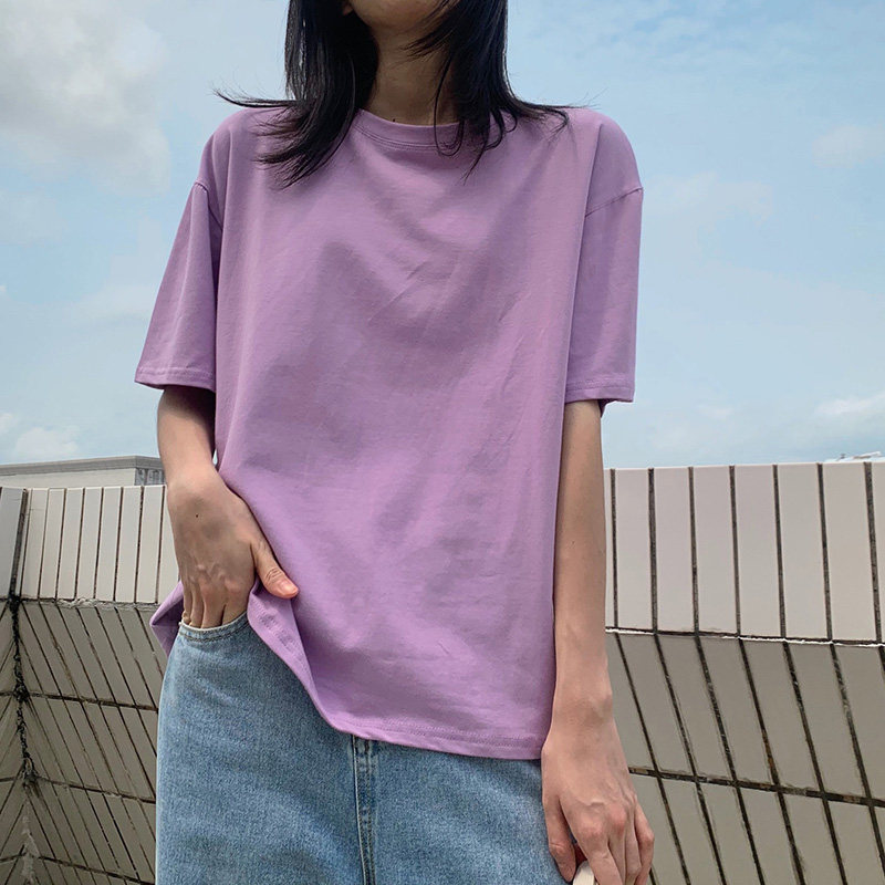 纯色短袖夏季新款棉质t恤女紫色内搭上衣宽松大码学生半袖网红ins