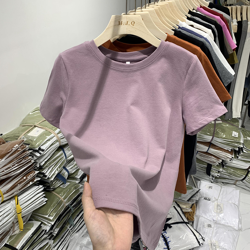 紫色棉质短袖2023新款圆领宽松百搭上衣精梳棉质感纯色t恤女夏