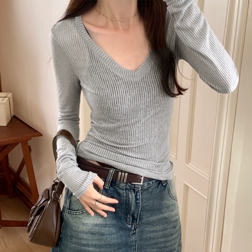 Осенний сексуальный трикотажный эластичный приталенный базовый приятный телу лонгслив