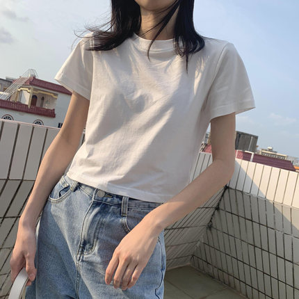 白色短款高腰露脐小心机短袖t恤女显瘦ins潮修身韩版夏季圆领上衣