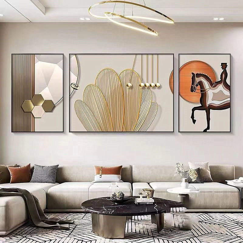 鸿运当头轻奢客厅装饰画时尚简约沙发背景墙挂画壁画三联墙画大气