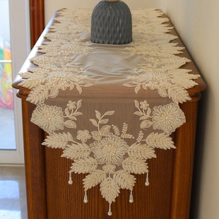 新中式复古风手工串珠桌旗电视柜蕾丝桌旗餐桌茶几斗柜法式防尘罩