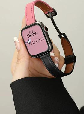 适用applewatch7865se苹果iwatch表带高级感真皮小羊皮磁吸扣拼色