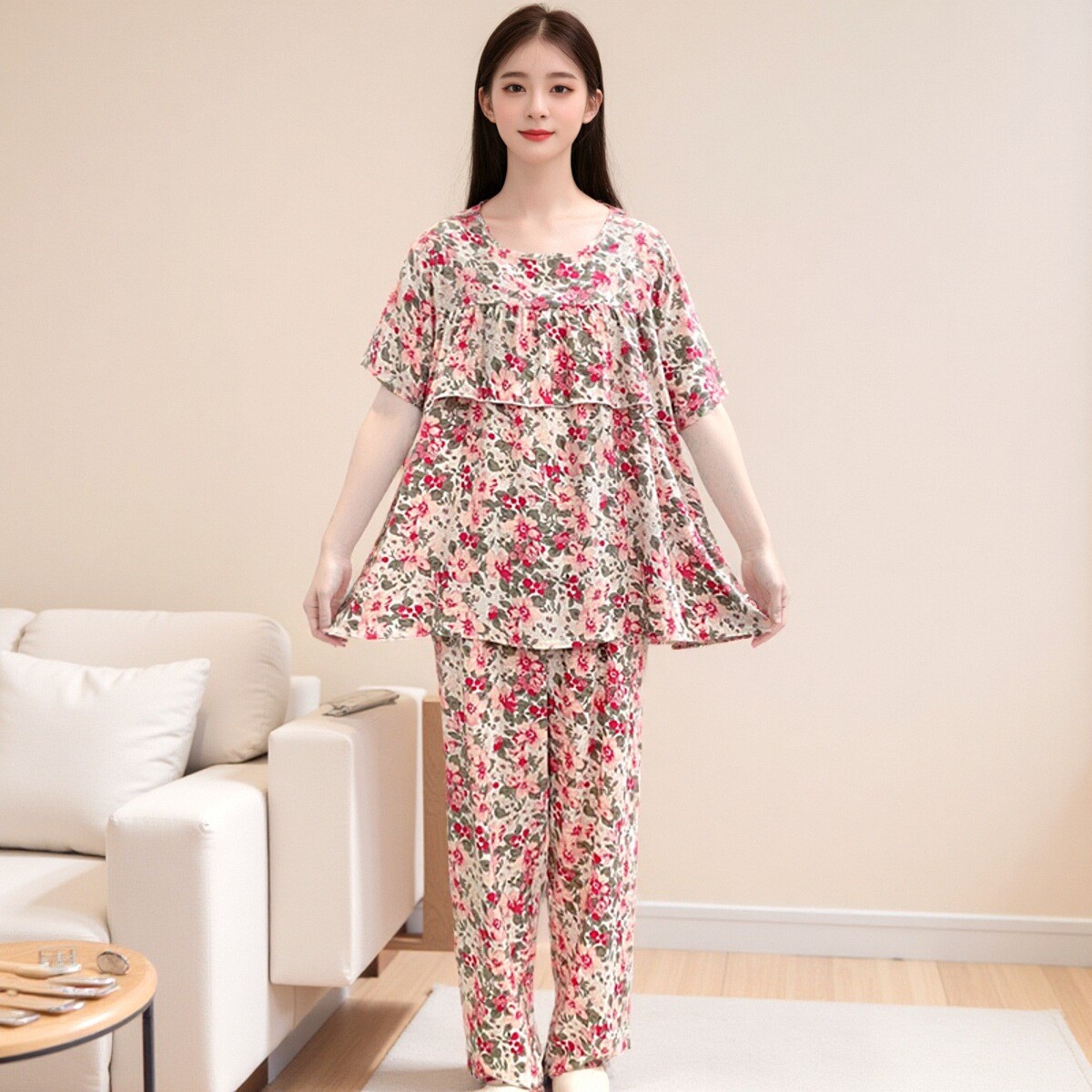 棉绸睡衣女士春秋款2025新款短袖不带胸垫防凸点莫代尔大码家居服