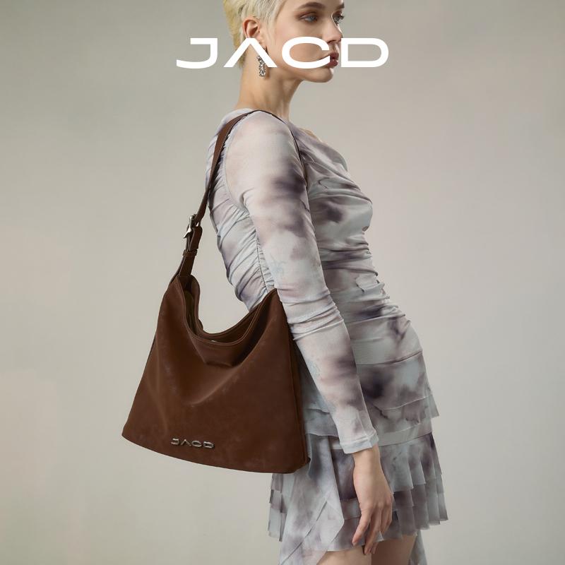 JACD棕色麂皮绒包包2025新款复古水桶包通勤托特包女大容量斜挎包
