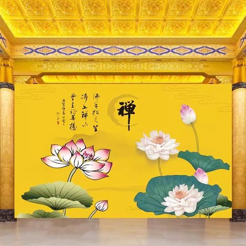 禅意荷花壁画观音佛家背景墙贴墙布莲花茶室办公室佛堂背景墙壁纸