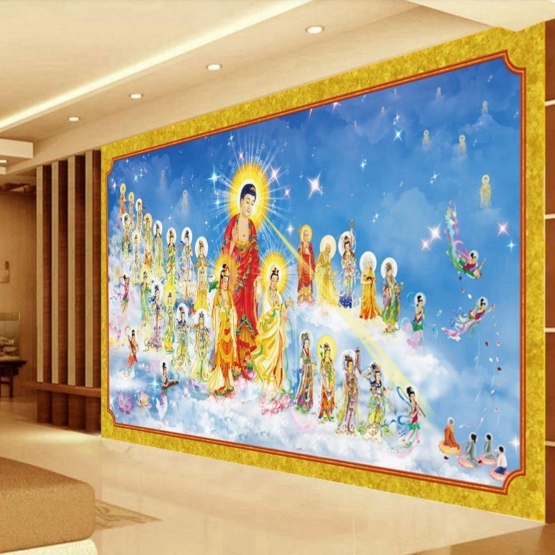 西方三圣接引图佛像接引图壁画阿弥陀佛极乐世界背景墙佛堂壁纸