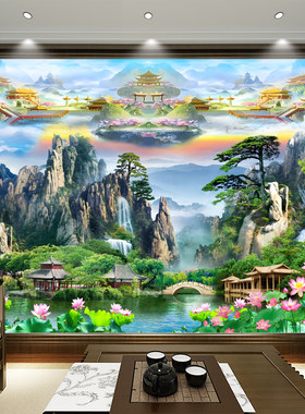 天宫天庭仙境墙纸神道佛堂壁纸云宫瀑布莲池风景高山流水聚财壁画
