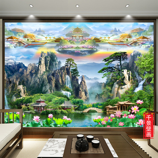 天宫天庭仙境墙纸神道佛堂壁纸云宫瀑布莲池风景高山流水聚财壁画