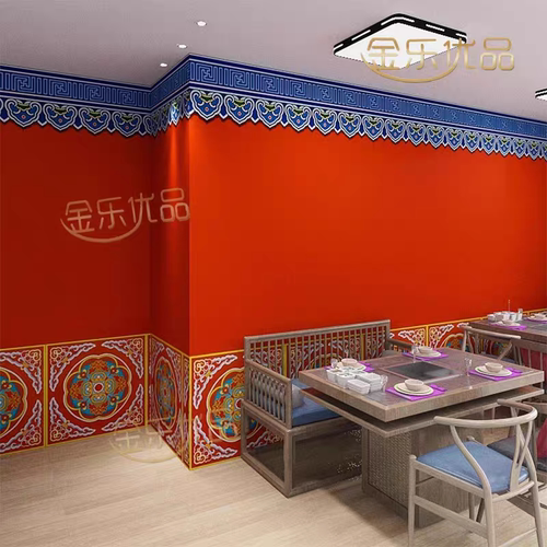 中式民族风中国红墙布复古建筑屋檐故宫红壁纸国潮火锅店装修墙纸
