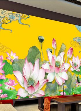 祥云莲花墙布佛堂祥云仙台墙纸寺庙供桌佛堂壁纸荷花盛开壁画