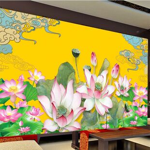 祥云莲花墙布佛堂祥云仙台墙纸寺庙供桌佛堂壁纸荷花盛开壁画