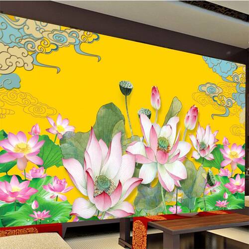 祥云莲花墙布佛堂祥云仙台墙纸寺庙供桌佛堂壁纸荷花盛开壁画