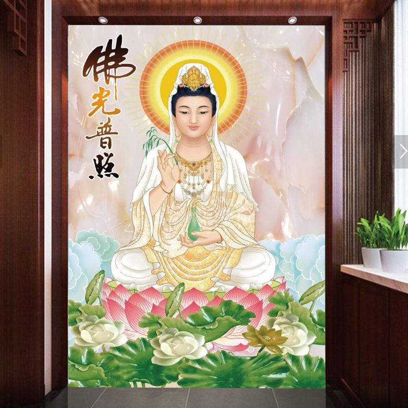 观音菩萨壁纸 佛堂寺庙菩萨墙纸玄关客厅屏风背景佛像壁画
