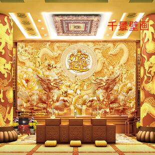金色兽麒麟瑞兽金元宝招财 进宝佛堂客厅背景墙纸定制大型壁画