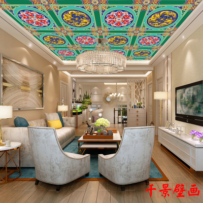 3D吊顶古建筑壁画龙纹六字真言天花板彩绘墙贴纸佛堂屋顶图腾壁纸