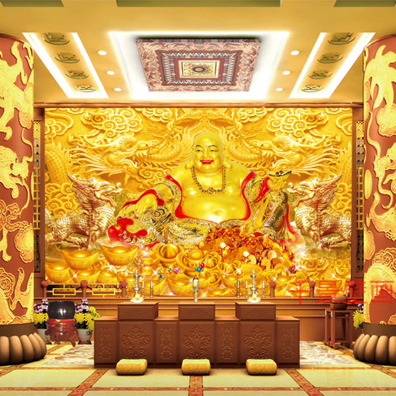 弥勒佛墙纸佛光普照3D立体壁画佛像佛堂大厅前台沙发背景墙布壁纸