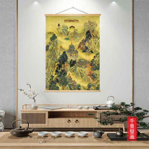 蓬莱仙境壁画无活物版佛堂背景实木挂画禅意玄关字画家用禅室挂画
