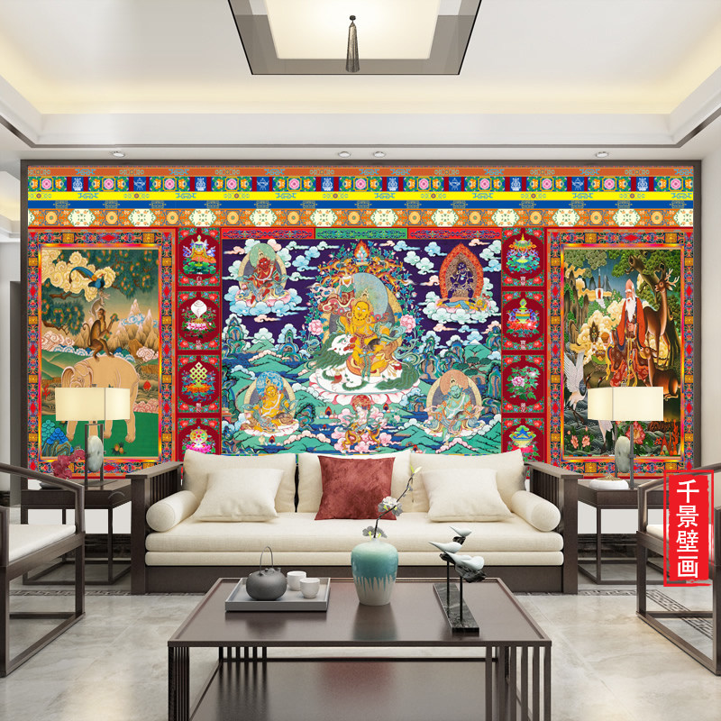 藏唐卡五财黄财神背景壁画墙布玄关堂口寺庙佛堂酒店客厅壁布定制