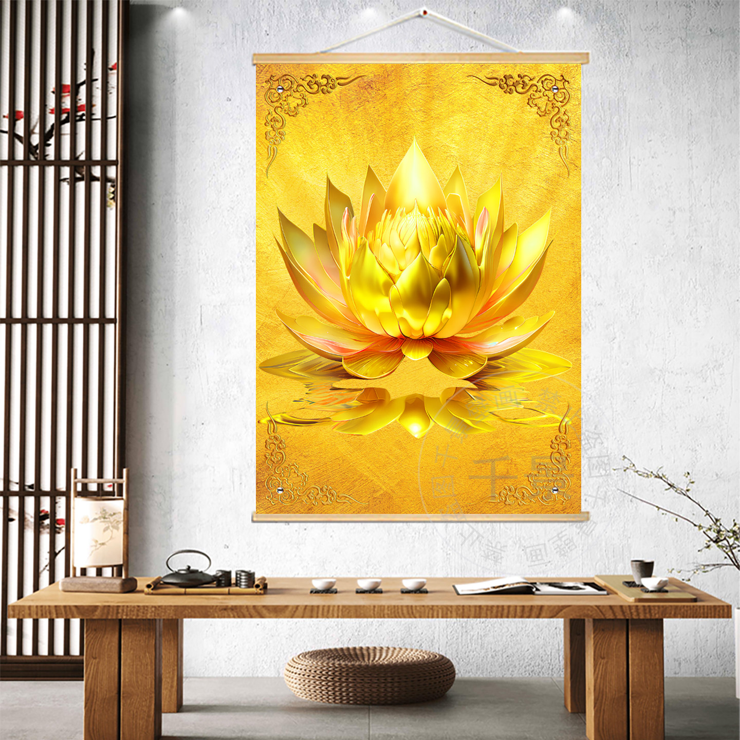 金色莲花佛光普照佛堂背景实木挂画禅意玄关挂轴寺庙禅室挂画定制