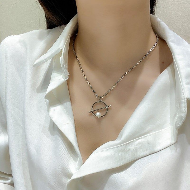 2件包邮 银色链条简约ins风气质精致感圆环珍珠吊坠项链网红女WC