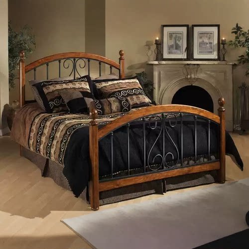 美式铁木床黑胡桃木双人床竖琴床