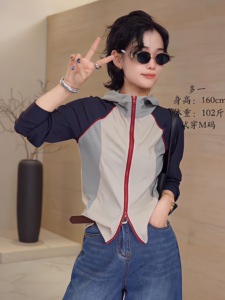 美式拼色插肩袖防晒衫女连帽薄款2024新款休闲户外运动速干短外套