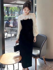 网红套装女秋季长袖拼接蕾丝上衣衬衫气质显瘦中高腰半身裙两件套
