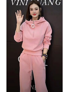粉色套装女秋冬2023新款时尚洋气连帽卫衣长裤休闲运动欧货两件套