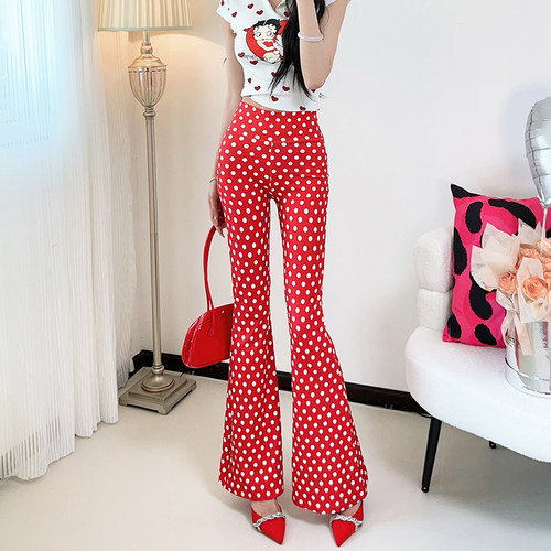 喇叭裤包臀修身加长款印花波点