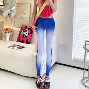 外穿仿牛仔印花九分小脚运动健身打底裤 2026新款 女春秋薄款 瑜伽裤