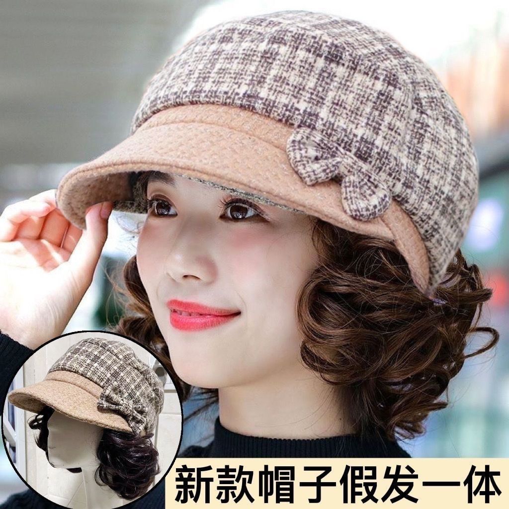 秋冬帽子假发一体女短卷发假发逼真自然帽子带头发秋冬帽子发套