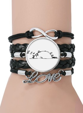 慵懒风猫咪线条黑色永恒皮革手链