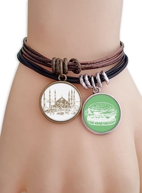 教堂国家地标城市风景素描插画图案双牌汉堡手链学校幼儿园装饰