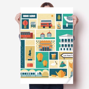 香港传统观光游览地点海报贴纸80x55cm墙贴纸卧室家居装饰
