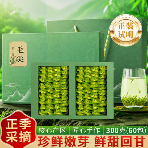 毛尖绿茶礼盒独立60包300克浓香型绿茶 中秋国庆礼品茶 礼盒装