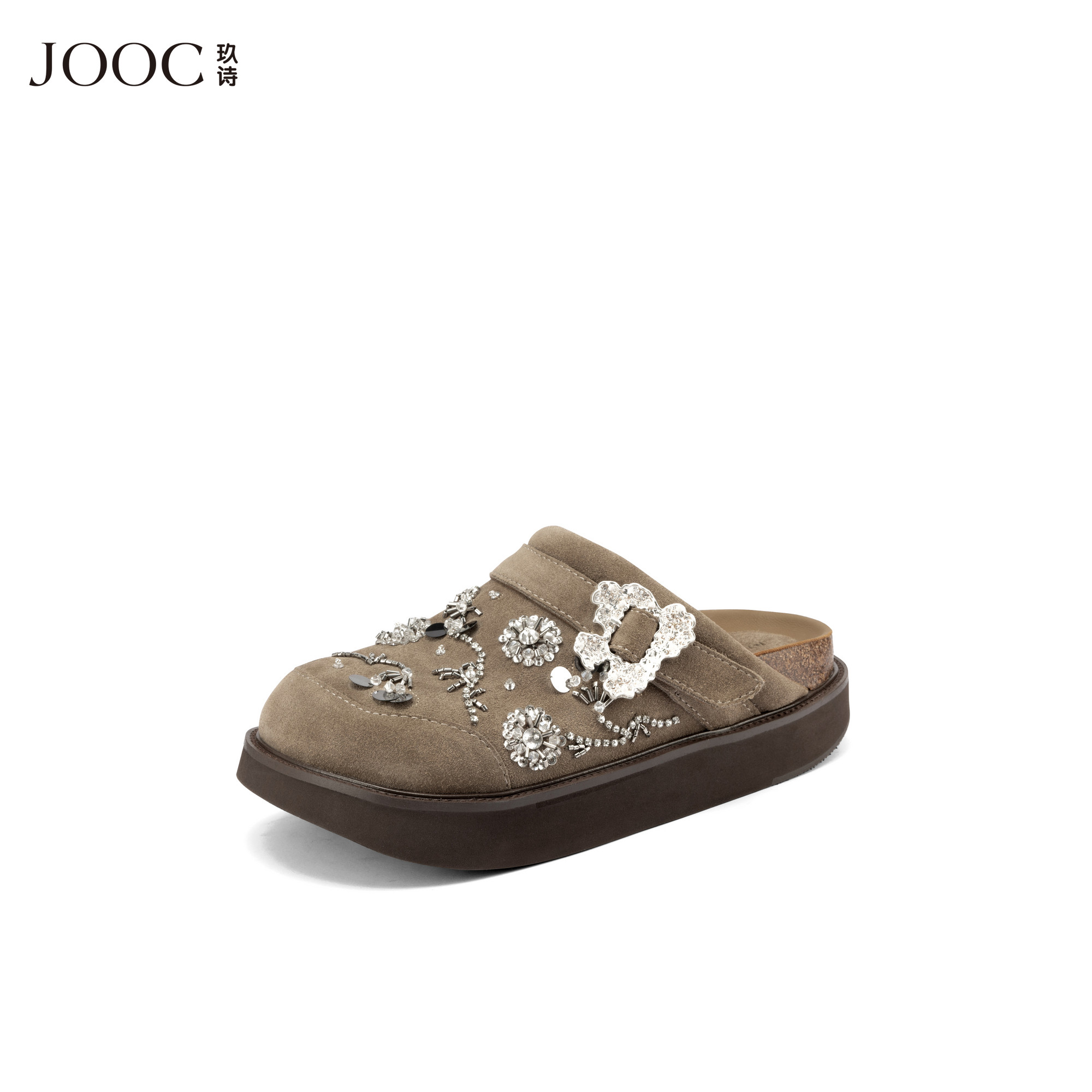 【精致高奢】JOOC玖诗民俗串珠勃肯鞋2025新款立体花纹外穿拖鞋女