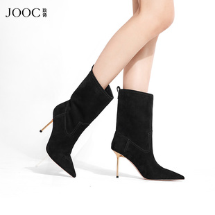 靴法式 优雅女鞋 性感尖头时装 JOOC玖诗金属细高跟中筒靴秋冬新款