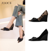 高跟鞋 蝴蝶结坡跟尖头时装 女2026春夏新款 JOOC玖诗豹纹一脚蹬单鞋